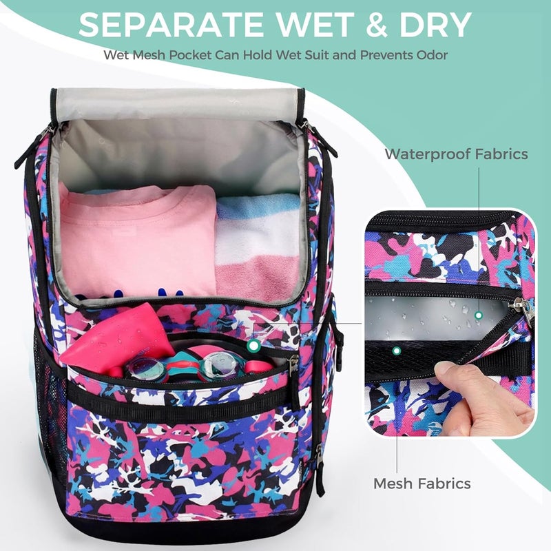 Choco Mocha Swim Backpack Girls, 35L Swimming Bag for Kids with Wet and Dry Compartments, Swim Gear Bag Camo Pink - Image 2